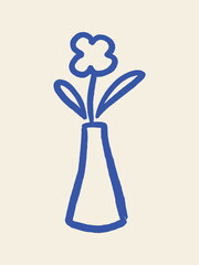 Flower in vase naive sketch style blue on white
