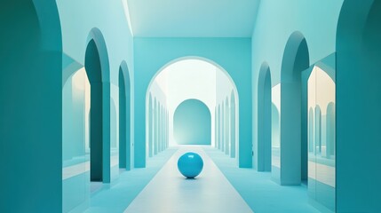 Obraz premium Blue sphere in serene arched hallway, background light, design concept