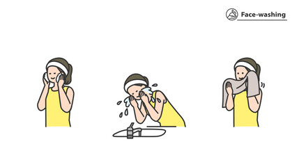 洗顔する女性　セット、バリエーション