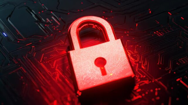 A vibrant red padlock rests on a dark circuit board, symbolizing cyber security. This striking image highlights themes of data protection and digital safety.
