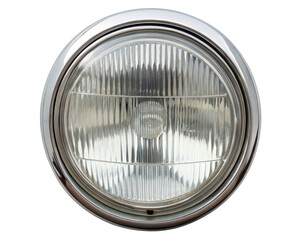 Classic round car headlight with chrome bezel isolated detail on a transparent background
