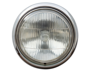 Classic round car headlight with chrome bezel isolated detail on a transparent background