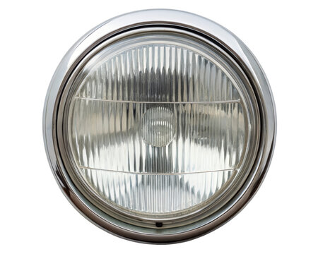 Classic round car headlight with chrome bezel isolated detail on a transparent background