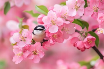 Bird on a flowering crabapple tree branch spring blossoms nature.