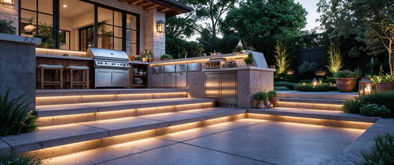 Luxurious outdoor kitchen and patio area with illuminated steps and beautiful landscaping