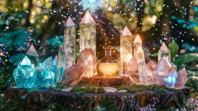 A captivating scene featuring an array of crystals and a glowing potion bottle in a lush forest. The magical ambiance creates a sense of wonder and tranquility, perfect for fantasy themes.