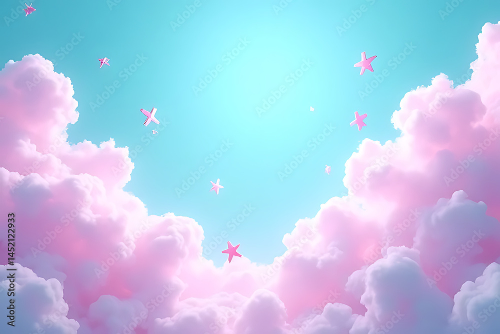 Wall mural surreal dreamy background showing abstract clouds filled with floating hashtags and social elements,