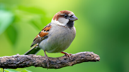 Fototapeta premium Small bird perched on a branch against a blurred green background