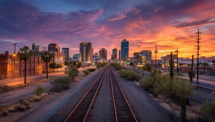 Fototapeta premium Capture Stunning Urban Skyline Views along Railway Tracks at Sunset Glow and Desert Vegetation Beauty