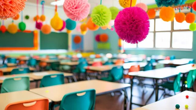 A vibrant classroom scene featuring colorful paper lanterns hanging from the ceiling, filling the learning space with joy, perfect for school-themed projects or educational content.