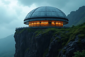 Obraz premium Advanced sci-fi observatory atop a wet cliff during monsoon, thunderclouds, glowing control panels, and reflective metal textures