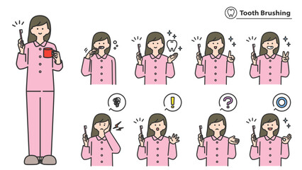 歯みがきをする女性　表情とポーズのバリエーション　セット
