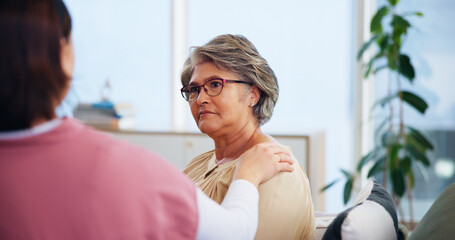 Nurse, patient and comfort with support for homecare, empathy for bad news and trust in...