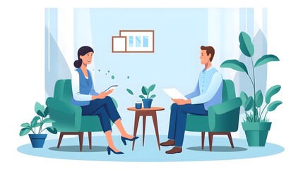 Professional psychiatrist counseling and listening to calm patient during therapy session