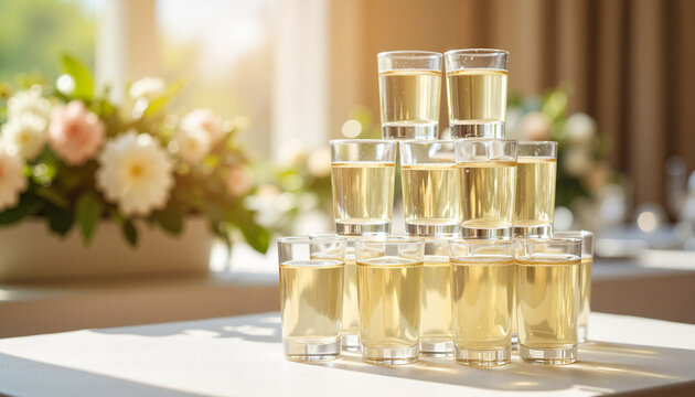 Elegant champagne tower at wedding reception, celebration symbol