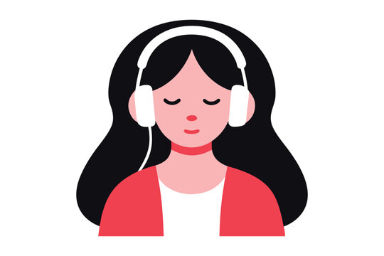 Serene Woman Listening to Music with White Headphones, Minimalist Illustration