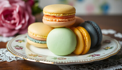 Colorful french macarons on plate, vintage. with white shades