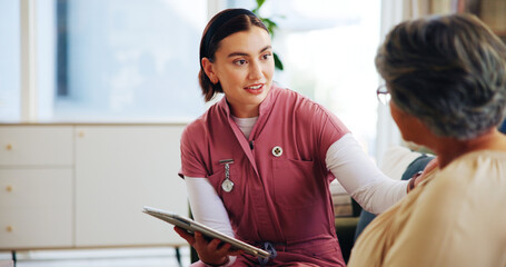 Nurse, senior patient and tablet with support, advice and medical results for diagnosis with...