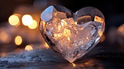 Fototapeta premium Frozen heart-shaped ice sculpture against a softly lit background.