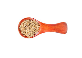 Cumin grains in small wooden spoon isolated on white background, top view