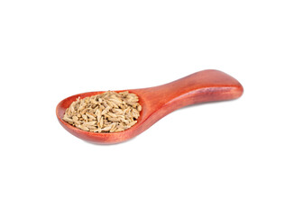 Cumin grains in small wooden spoon isolated on white background