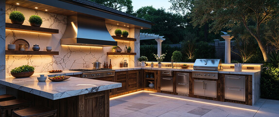 Luxurious outdoor kitchen design illuminated with warm lighting and modern appliances