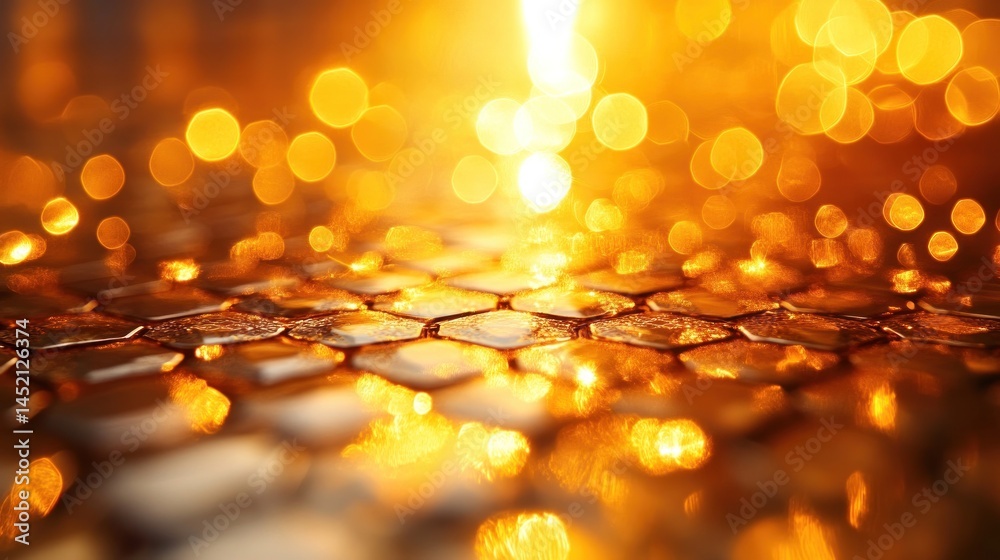 Wall mural abstract golden hexagon pattern background with bokeh lights.