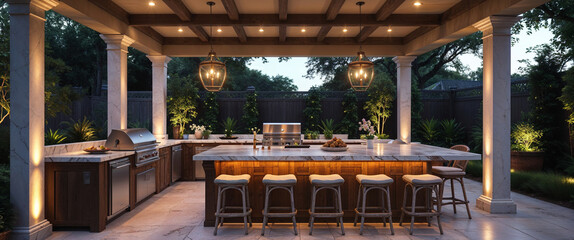 Luxurious outdoor kitchen design with bar stools and illuminated lighting features