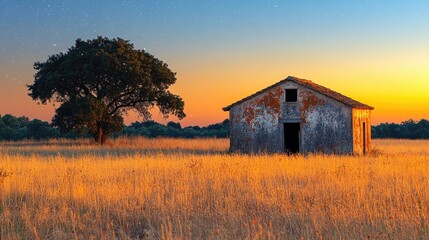 Obraz premium Rustic barn at dawn in golden field