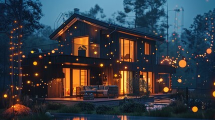Obraz premium Cozy modern home at night, illuminated by warm lights