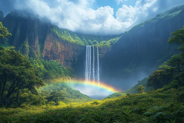 Fototapeta premium Majestic waterfall cascading down a lush green mountainside, with a vibrant rainbow arcing at its base, creating a breathtaking scene of natural wonder.