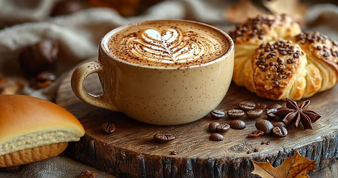 Cozy coffee scene featuring a latte art cup beside a pastry on a wooden board with autumn leaves
