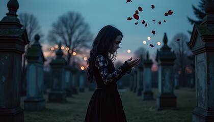 Gothic girl cemetery rose petals dark fantasy graveyard night mysterious ethereal sorrowful melancholic scene