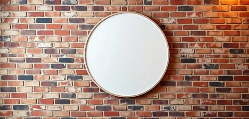 Blank circular whiteboard on rustic brick cafe wall, drink, coffee shop