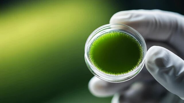 A laboratory technician holds a petri dish with vibrant green algae, highlighting the significance of microalgae in research. This image represents innovation in biotechnology.