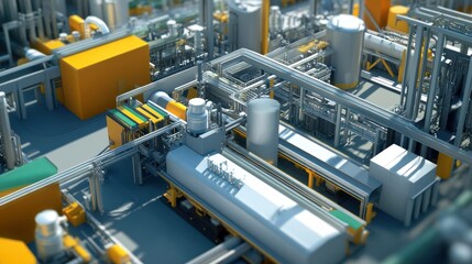 Fototapeta premium A detailed illustration of a large industrial complex with pipes and tanks.