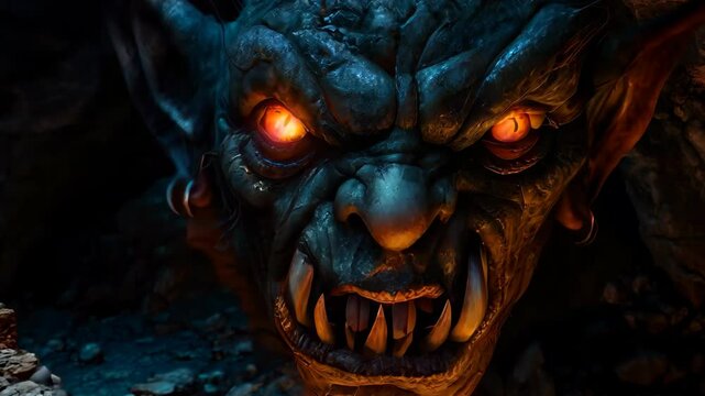 A fierce goblin emerges from the shadows, showcasing intense golden eyes and a menacing expression. This imaginative artwork captures the essence of dark fantasy.