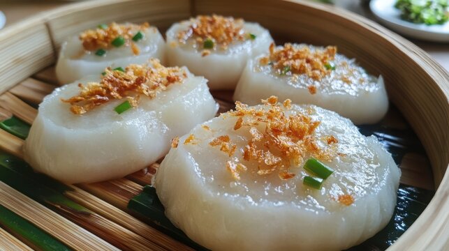 Steamed dumplings (Khanom Jeeb) on a bamboo tray, translucent wrappers, minced pork filling, topped with crispy garlic.