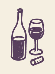 Wine bottle and glass naive sketch style purple on beige