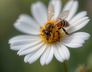 Obraz premium Bee on a White Flower Closeup in Nature Photography