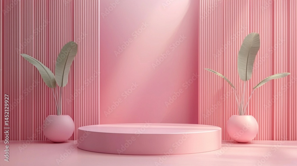 Aufkleber a soft pink backdrop enhances a circular podium as it stands prominently in a modern interior. two e