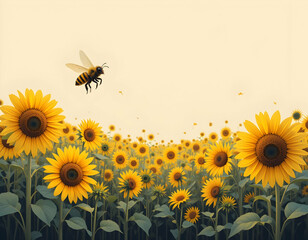 Naklejka premium Bee Flying Over a Field of Sunflowers in the Sunlight