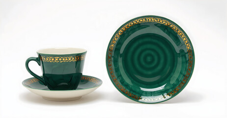 esposizione con tazza e sotto piatto in porcellana verde decorata in oro su uno sfondo bianco