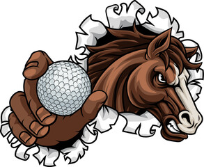 Horse mustang bronco stallion angry golf sports team mascot holding a ball.