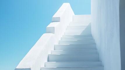 Fototapeta premium White stairs ascend to blue sky, sunny day, peaceful background, ideal for travel brochures