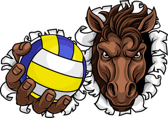 Horse mustang bronco stallion angry volleyball sports team mascot holding a ball.