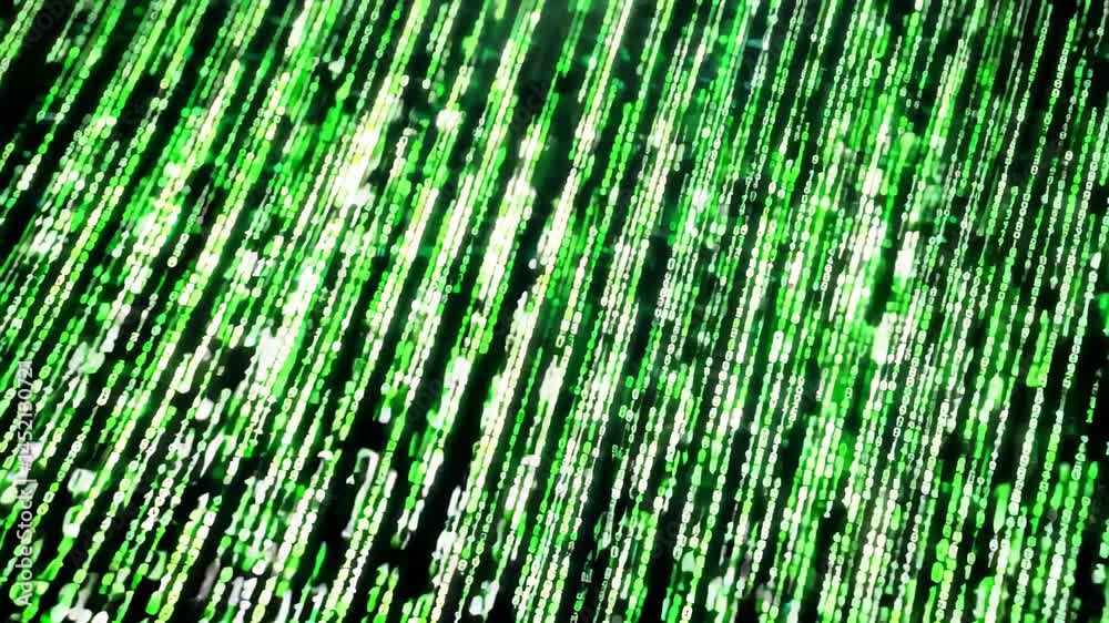 Wall mural green digital matrix rain background with lines and numbers flowing