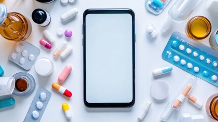 White-screen smartphone surrounded by pharmacy items and pills on display