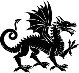 A stylised heraldry coat of arms crest style dragon in passant walking pose
