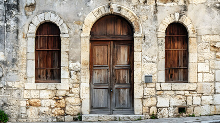 Vintage Facade: A weathered stone facade with a wooden arched doorway and two windows tells tales of history, offering a glimpse into the past, showcasing rustic beauty and timeless design.